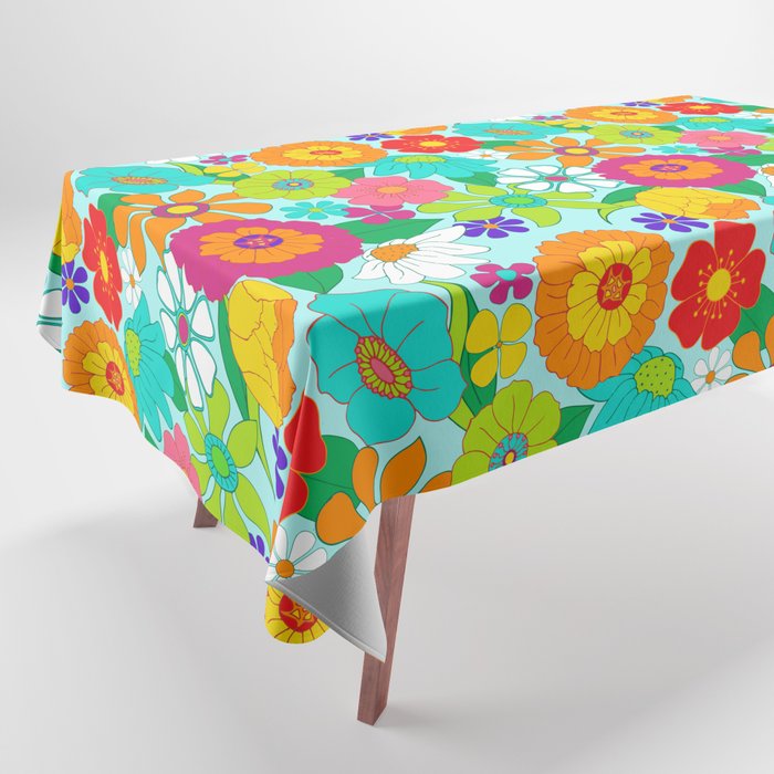 Retro Groovy Hippie Flowers Pattern Tablecloth