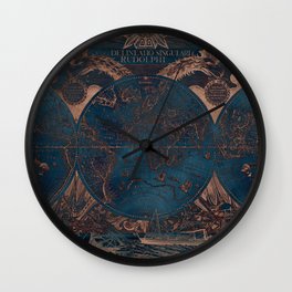 Rose gold and cobalt blue antique world map with sail ships Wall Clock