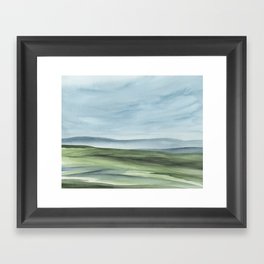 Windswept Valley I - Light Blue Wispy Clouds, Grass Green Valley Horizon Abstract Watercolor Nature Painting Art Print Wall Décor   Framed Art Print