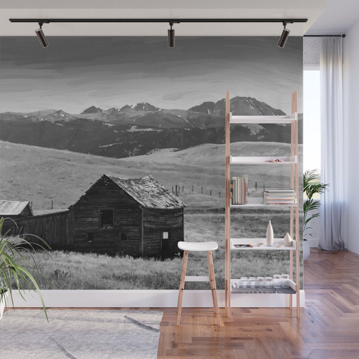 Old Wooden Barn Landscape Digital Oil Painting Akvop Bw Wall Mural