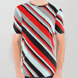 [ Thumbnail: Red, Dark Grey, Light Cyan, and Black Colored Striped Pattern All Over Graphic Tee ]