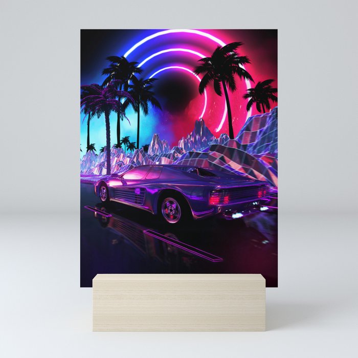 Neon landscape: Synthwave palms & car [synthwave/vaporwave/cyberpunk] — aesthetic poster, retrowave  Mini Art Print
