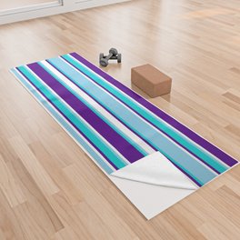 [ Thumbnail: Sky Blue, Dark Turquoise, Indigo & White Colored Lines Pattern Yoga Towel ]