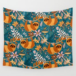 Happy Boho Sloth Floral Wall Tapestry