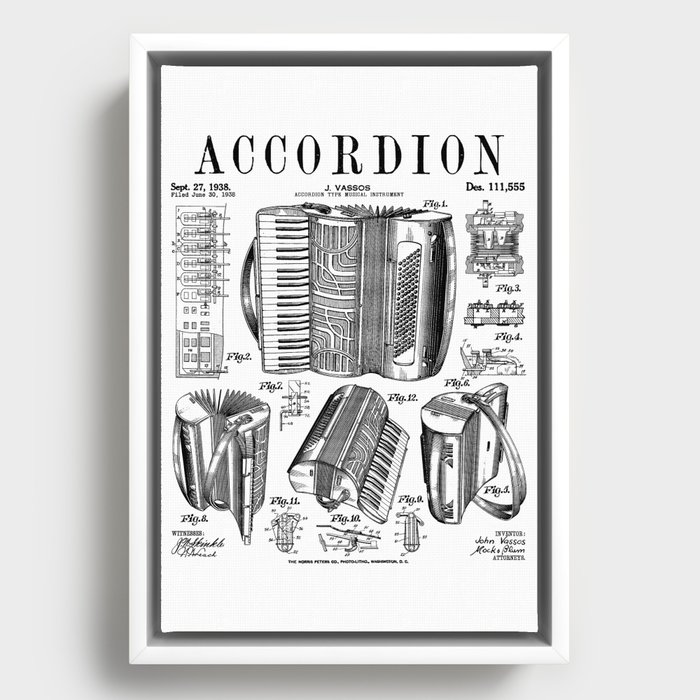 Accordion Player Accordionist Instrument Vintage Patent Framed Canvas