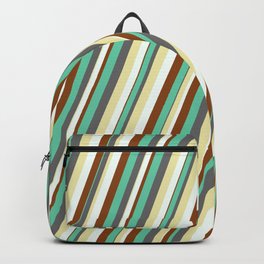 [ Thumbnail: Vibrant Aquamarine, Dim Grey, Pale Goldenrod, Mint Cream, and Brown Colored Lined Pattern Backpack ]