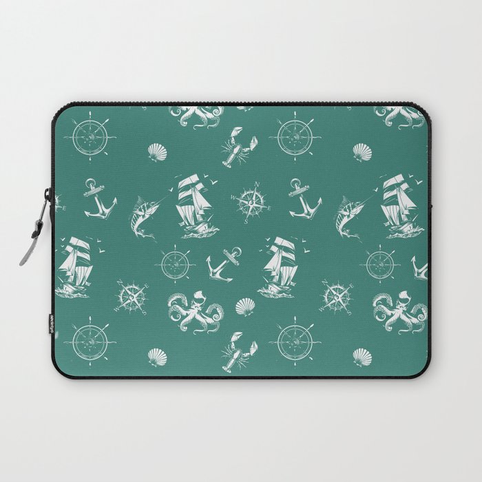 Green Blue And White Silhouettes Of Vintage Nautical Pattern Laptop Sleeve