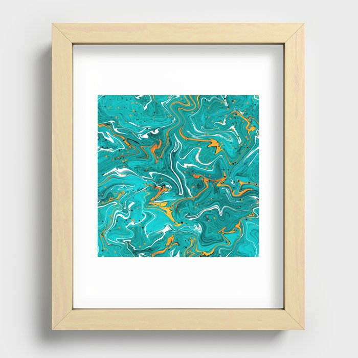 Teal and orange marble texture, turquoise abstract fluid art Recessed Framed Print