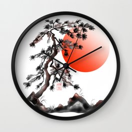 Red rising sun with sumie fir trees Wall Clock