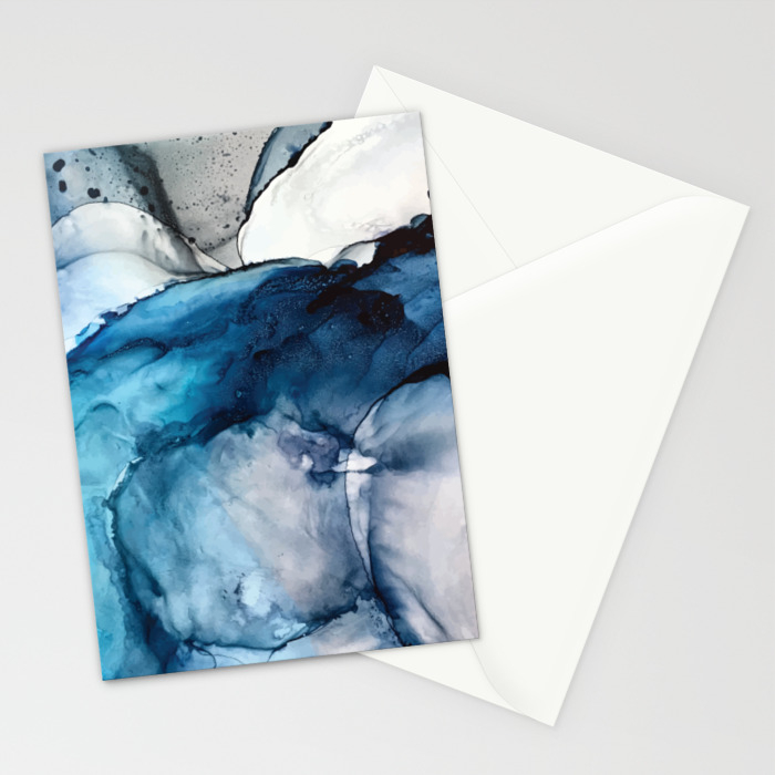 White Sand Blue Sea Alcohol Ink Painting Stationery Cards By