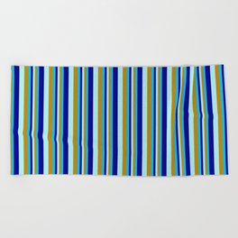 [ Thumbnail: Deep Sky Blue, Dark Goldenrod, Turquoise & Dark Blue Colored Striped/Lined Pattern Beach Towel ]