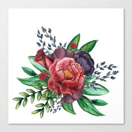 Watercolor Red and Purple Flower Bouquet Arrangement Canvas Print