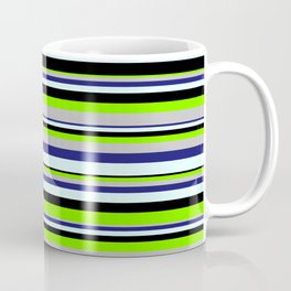 [ Thumbnail: Vibrant Chartreuse, Grey, Midnight Blue, Light Cyan & Black Colored Lined/Striped Pattern Coffee Mug ]