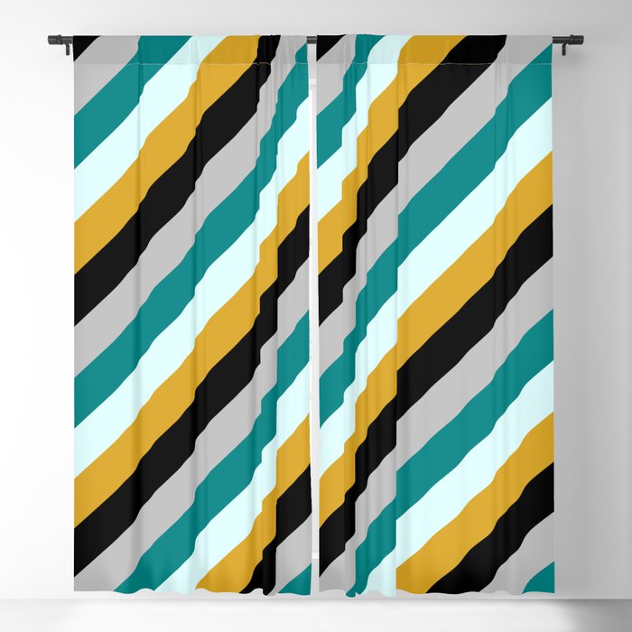 Eyecatching Grey, Teal, Light Cyan, Goldenrod & Black Colored Lines Pattern Blackout Curtain