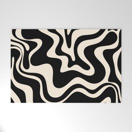 Retro Liquid Swirl Abstract Pattern 3 in Black and Almond Cream Welcome Mat