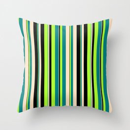 [ Thumbnail: Light Green, Teal, Bisque & Black Colored Lined/Striped Pattern Throw Pillow ]