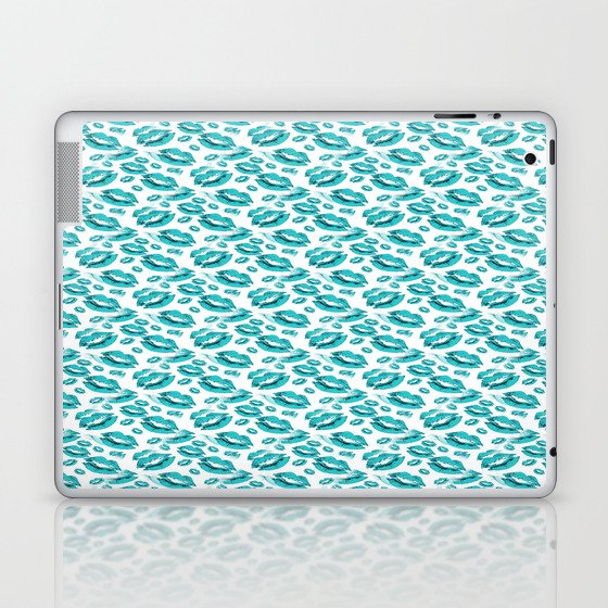 Two Kisses Collided Turquoise Lips Pattern On White Background Laptop & iPad Skin