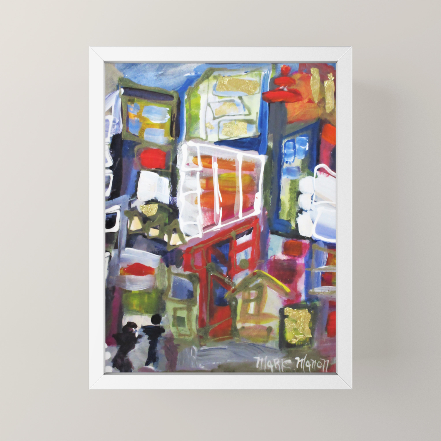 Walking Street Abstract City Scape Blue Red Yellow White Geometric