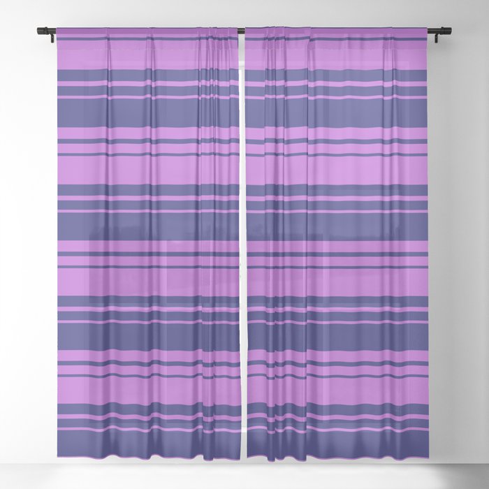 Midnight Blue & Orchid Colored Lined/Striped Pattern Sheer Curtain