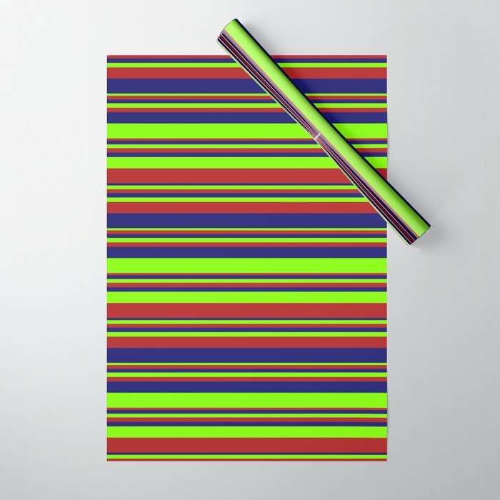 Chartreuse, Red, and Midnight Blue Colored Striped Pattern Wrapping Paper