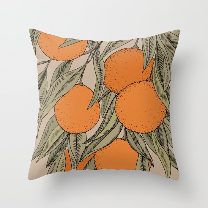 Vintage orange branches illustration on beige background Throw Pillow