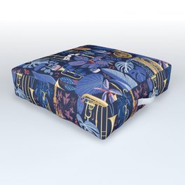 Music to my eyes // oxford navy blue background gold textured musical instruments blue indoor plants coral music notes Outdoor Floor Cushion