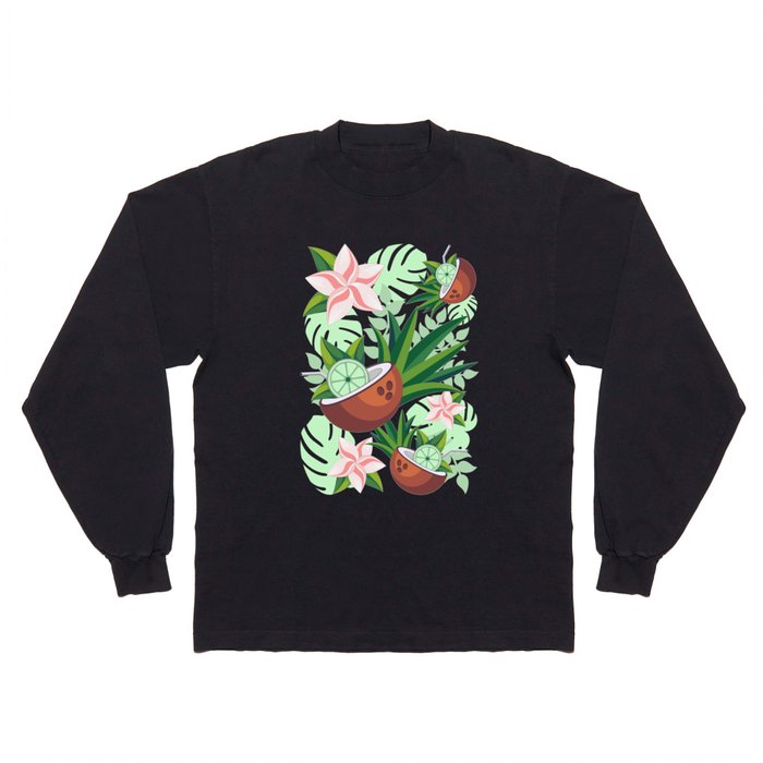 Lime in Coconut with Pink Plumeria Flowers Tropical Summer Pattern Long Sleeve T Shirt