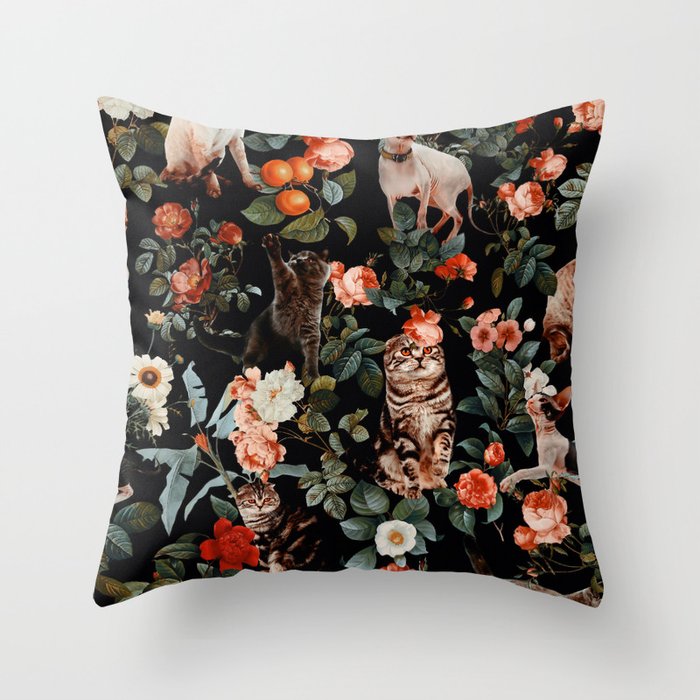 Cat and Floral Pattern II Throw Pillow