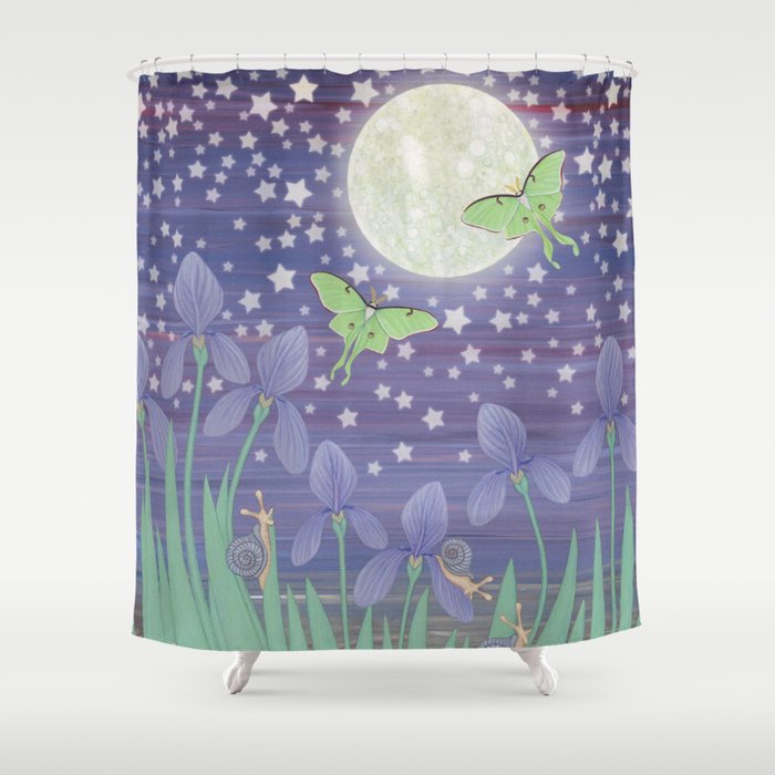 Moonlit stars, luna moths, snails, & irises Shower Curtain