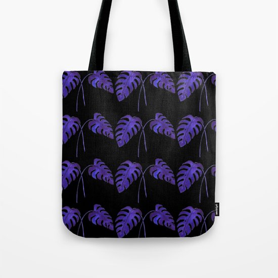 Indigo Monstera Leaf Watercolor on Black Tote Bag