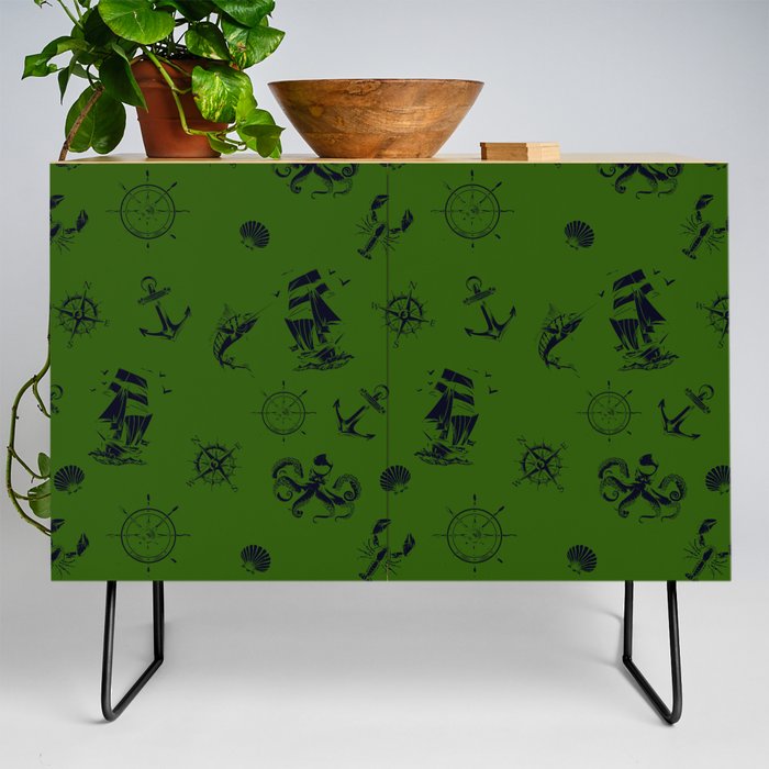 Green And Blue Silhouettes Of Vintage Nautical Pattern Credenza