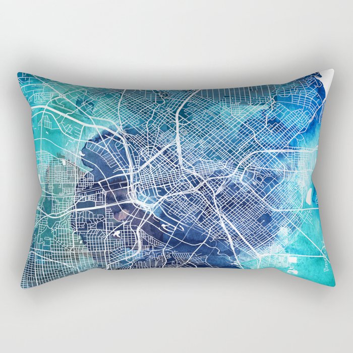 Dallas Texas Map Navy Blue Turquoise Watercolor Rectangular Pillow