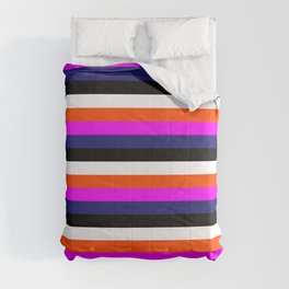 [ Thumbnail: Vibrant White, Red, Magenta, Midnight Blue, and Black Colored Striped/Lined Pattern Comforter ]
