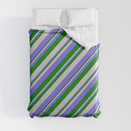 [ Thumbnail: Light Gray, Medium Slate Blue & Green Colored Lines/Stripes Pattern Duvet Cover ]