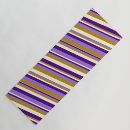 [ Thumbnail: Indigo, Purple, Dark Goldenrod & Light Yellow Colored Lined Pattern Yoga Mat ]
