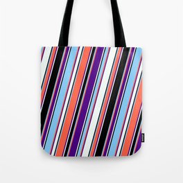 [ Thumbnail: Eyecatching Red, Indigo, Mint Cream, Black, and Light Sky Blue Colored Pattern of Stripes Tote Bag ]