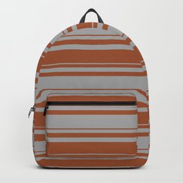 [ Thumbnail: Sienna & Dark Gray Colored Stripes Pattern Backpack ]