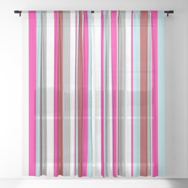 [ Thumbnail: Eye-catching White, Dark Gray, Brown, Powder Blue & Deep Pink Colored Lines/Stripes Pattern Sheer Curtain ]