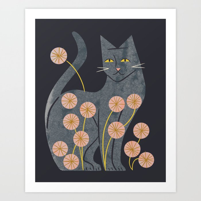 Gray Cat And Flowers Art Print
