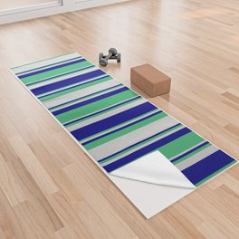 [ Thumbnail: Blue, Sea Green, and Light Grey Colored Lines/Stripes Pattern Yoga Towel ]