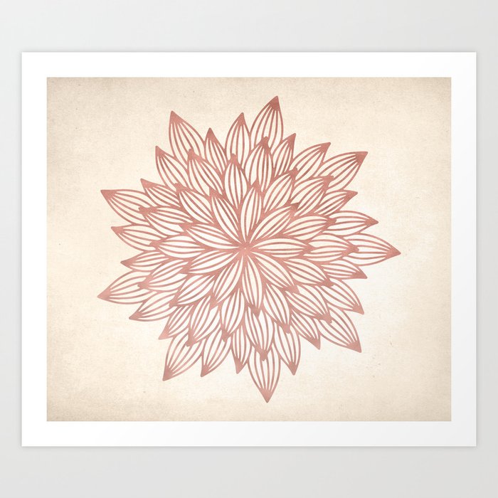 Mandala Flowery Rose Gold on Cream Art Print