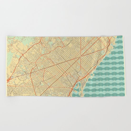 Barcelona Map Retro Beach Towel