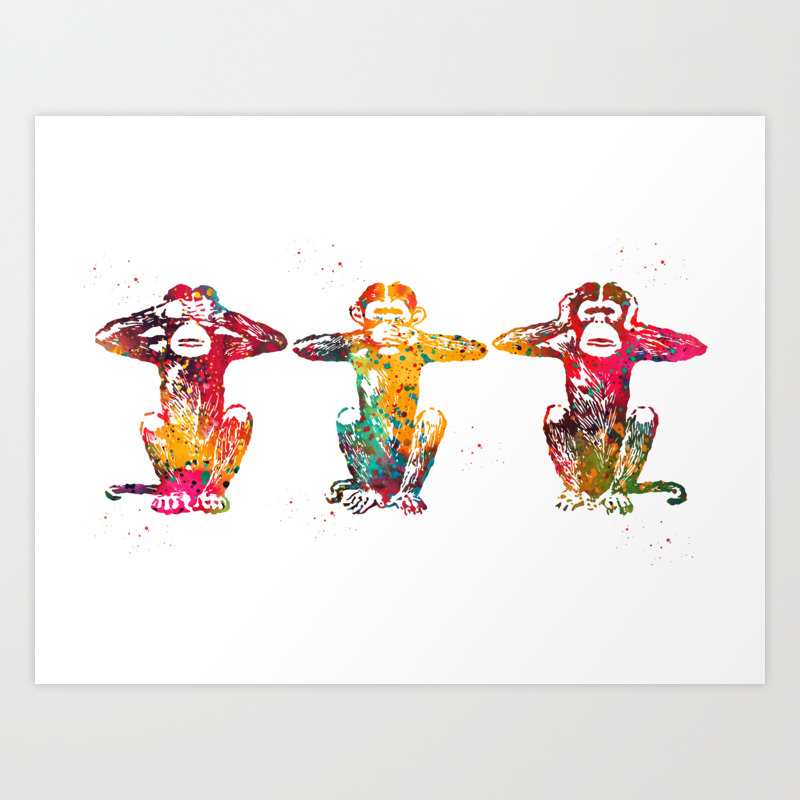 Three Wise Monkeys Art Print By Erzebeth Society6 Text animal, art, design, japanese, monkey, zbrush, evil three wise monkeys art print by erzebeth