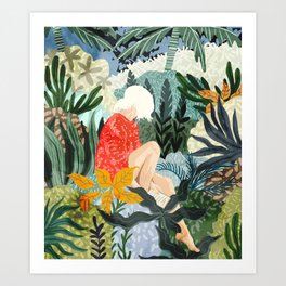 The Distracted Reader | Mindfulness Solo Travel | Bohemian Jungle Botanical Mood | Nature Book Lady Art Print