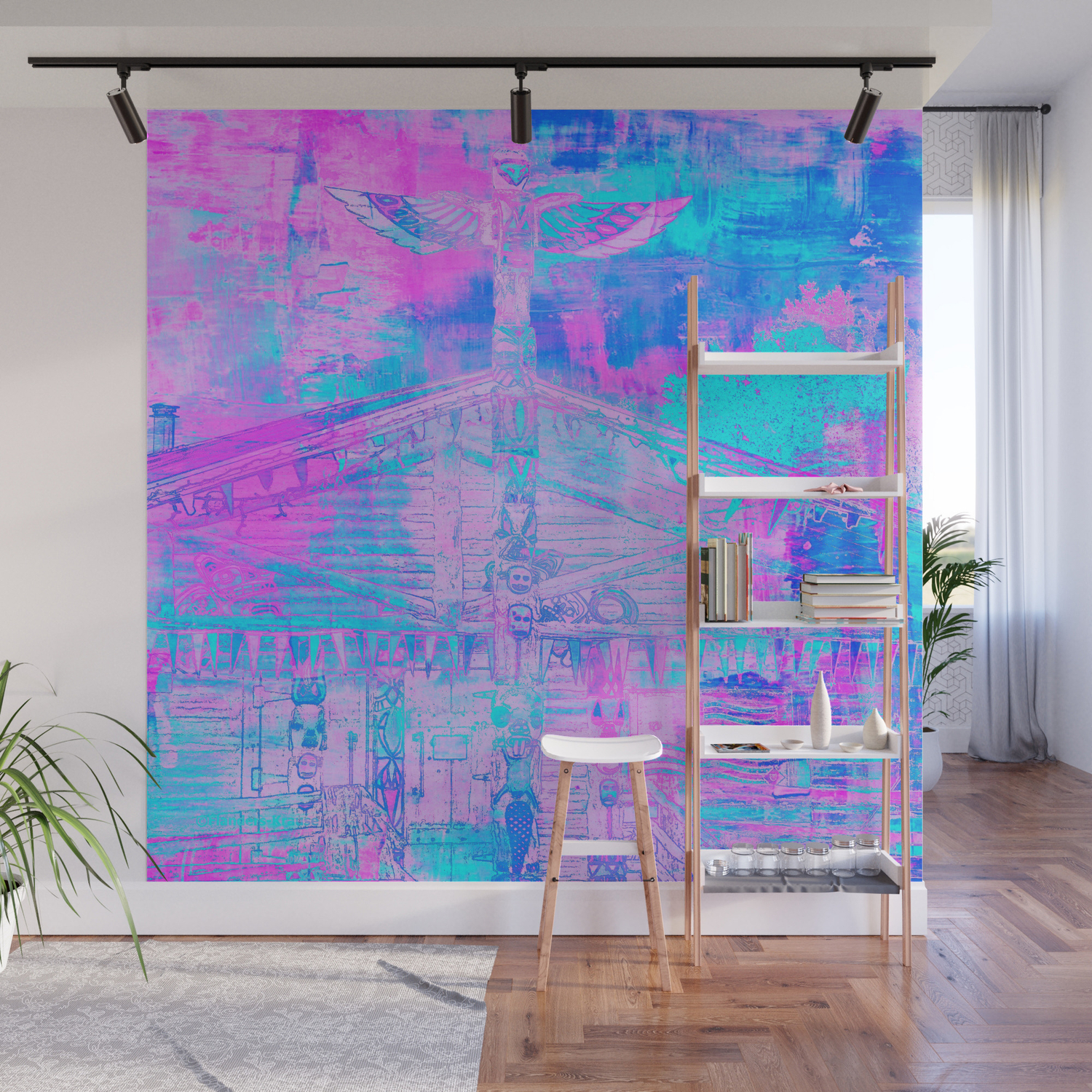 Totem Cabin Abstract Hot Pink Turquoise Wall Mural