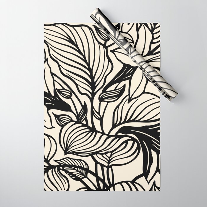 Matte Green and Beige Floral Block Print Gift Wrap Paper Sheet
