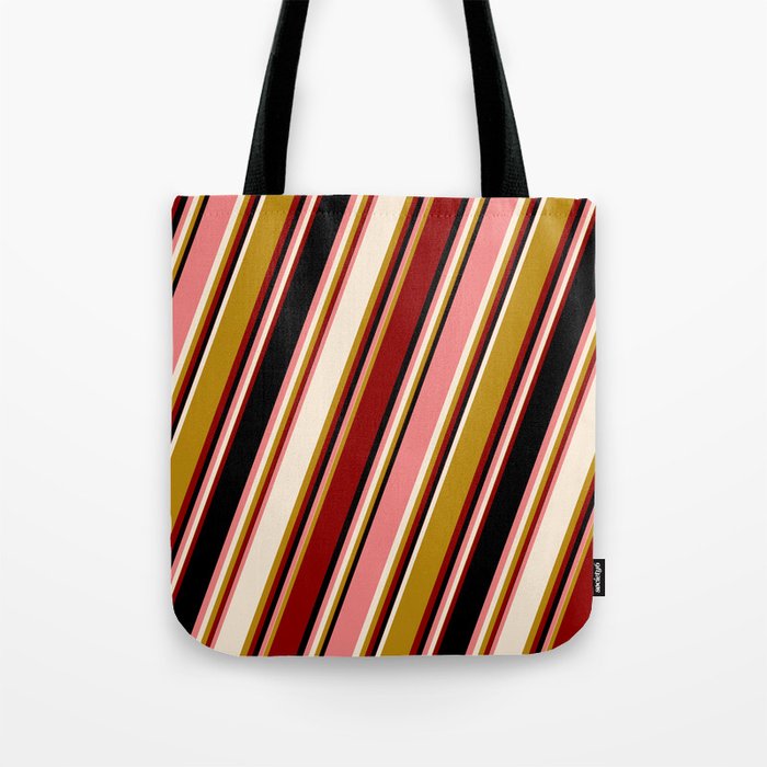 Vibrant Light Coral, Beige, Dark Goldenrod, Dark Red & Black Colored Lines/Stripes Pattern Tote Bag
