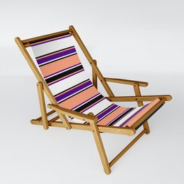 [ Thumbnail: Light Salmon, Indigo, White, and Black Colored Striped Pattern Sling Chair ]
