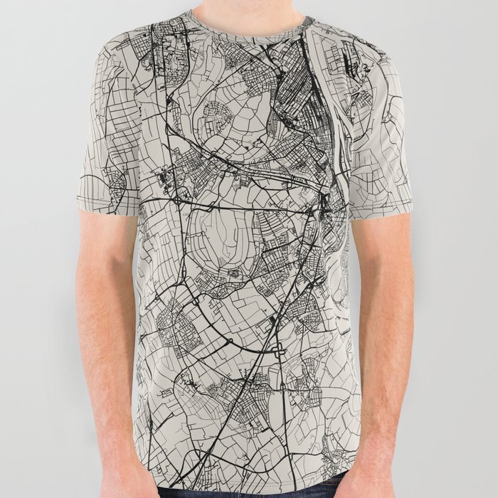 Mannheim, Germany - Black and White City Map All Over Graphic Tee