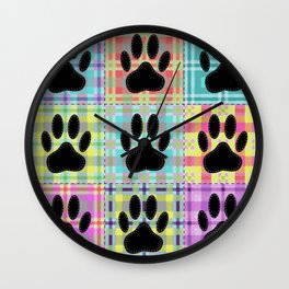 Colorful Quilt Dog Paw Print Drawing Wall Clock